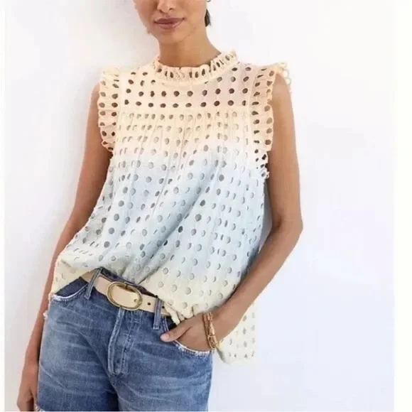 Anthropologie Ollari Ombre Lined Eyelet Pastel Sleeveless Cotton Top Blouse XS - Picture 3 of 12